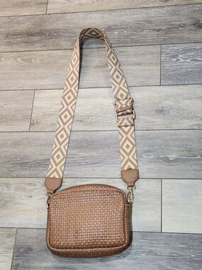 Quince Woven Tan Crossbody Bag with Patterned Strap